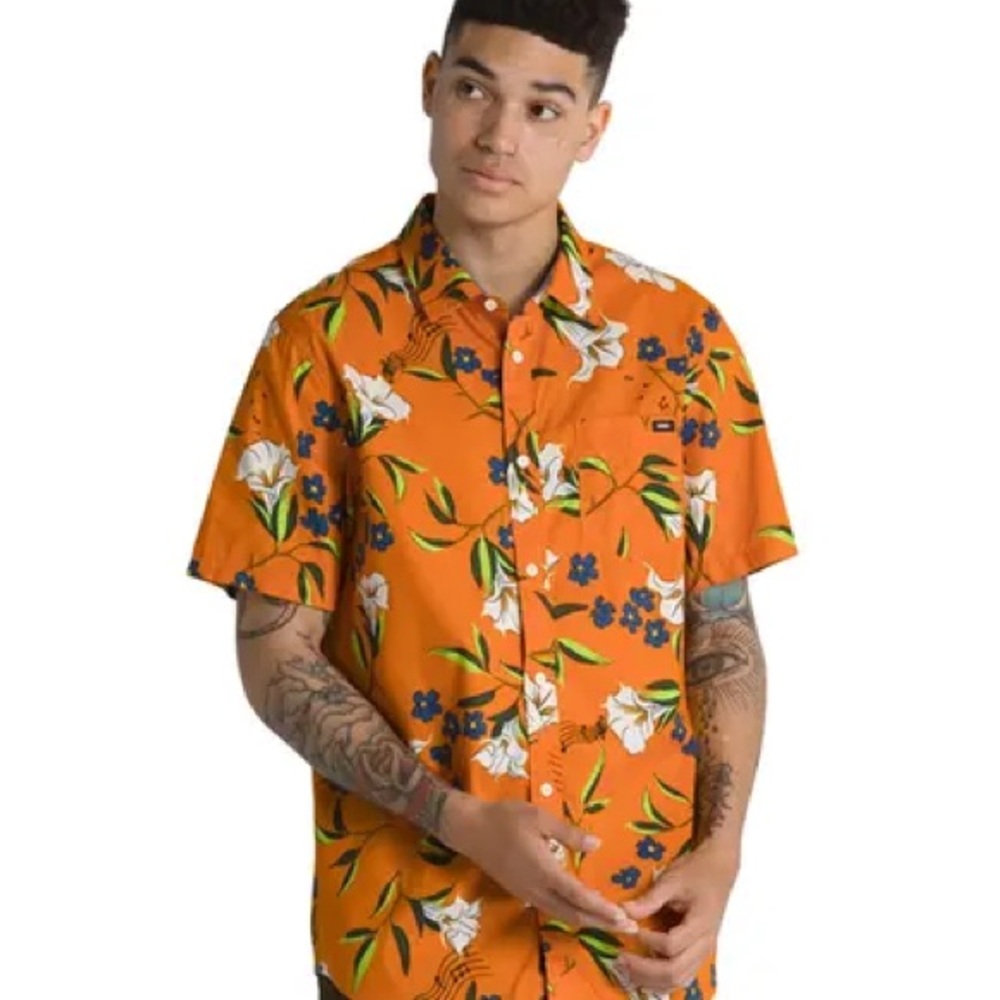 Vans Thompson Woven SS Floral Harvest Orange Shirt Size Large
